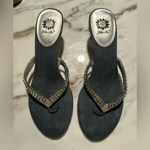 Yellow Box Black Rhinestone Wedge Thong Sandals